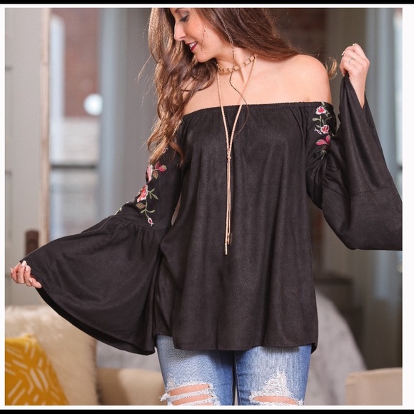Infinity Raine Tops - Faux Suede Embroidered Off Shoulder Tunic